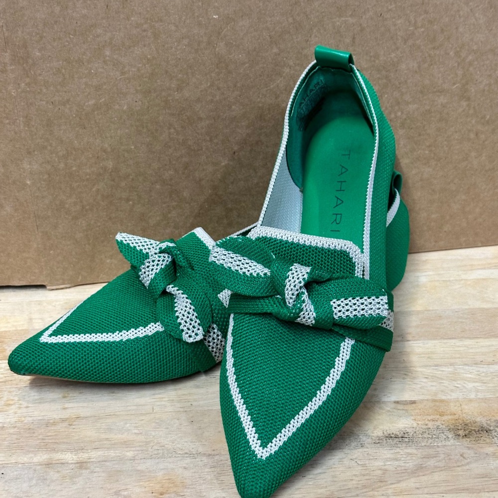 Tahari Knit Flats Women 6 Green Pointed Toe Bow Accent Loafers Excellent